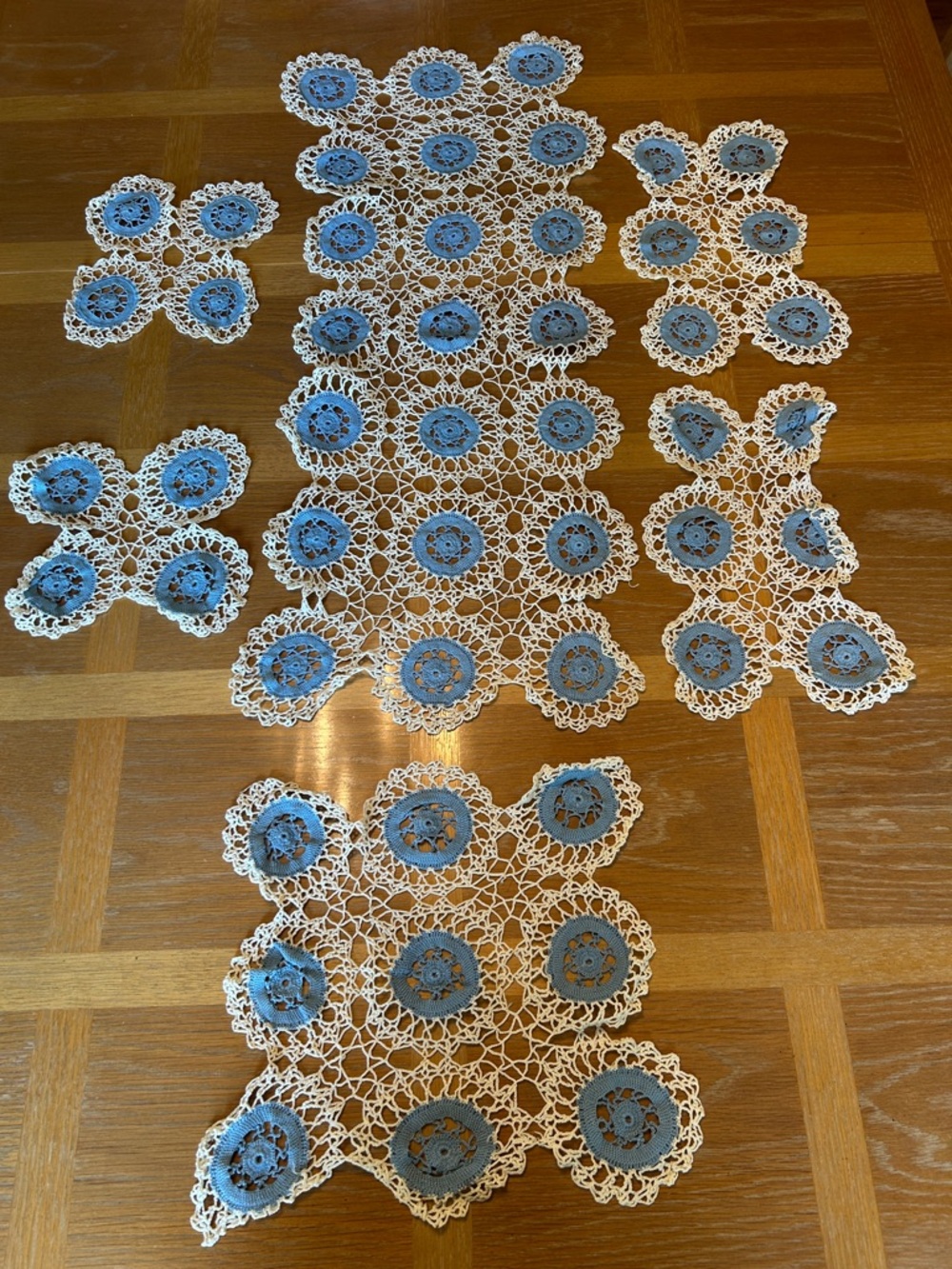 Handmade Crochet Doily Table Runner Set of 8 in Blue and Cream